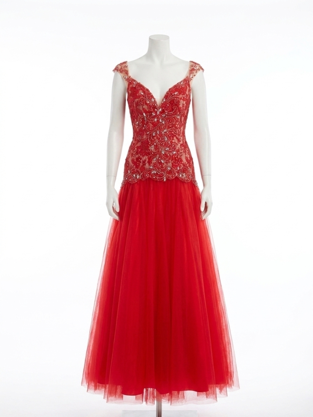 NEW MAC DUGGAL beaded ball gown in red/nude
